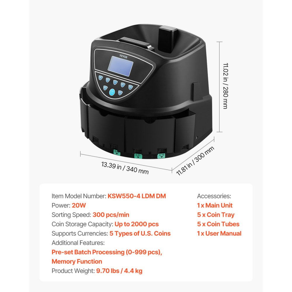 KSW550-4 LDM DM - 300 Coins/Min Coin Counter & Sorter with 2000 Capacity