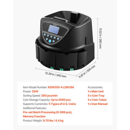 KSW550-4 LDM DM - 300 Coins/Min Coin Counter & Sorter with 2000 Capacity