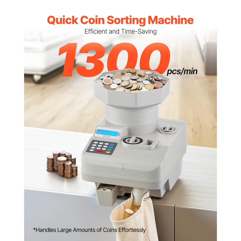 KSW850 - Fast 1300 Coins/Min VEVOR Coin Counter with 11,000 Capacity