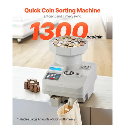 KSW850 - Fast 1300 Coins/Min VEVOR Coin Counter with 11,000 Capacity