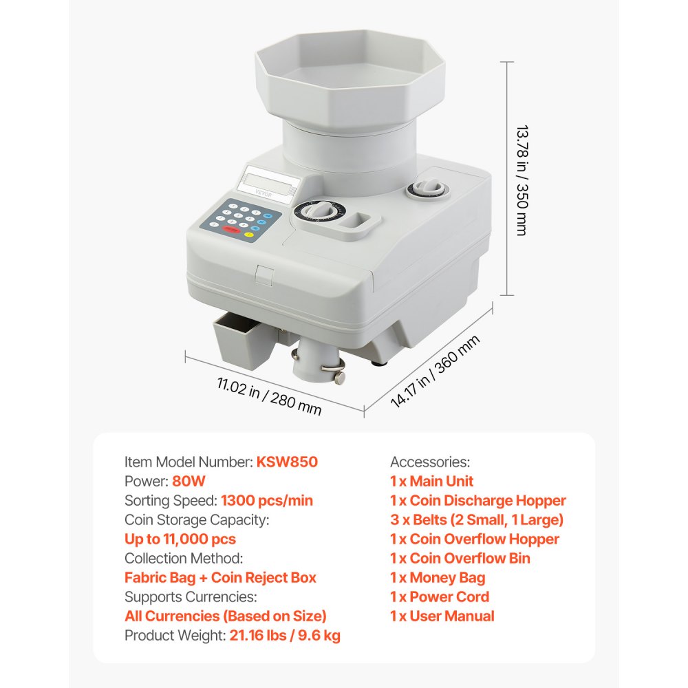 KSW850 - Fast 1300 Coins/Min VEVOR Coin Counter with 11,000 Capacity