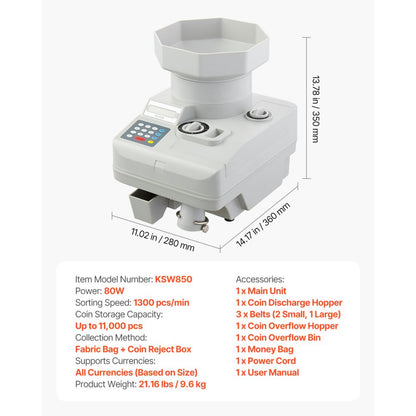 KSW850 - Fast 1300 Coins/Min VEVOR Coin Counter with 11,000 Capacity