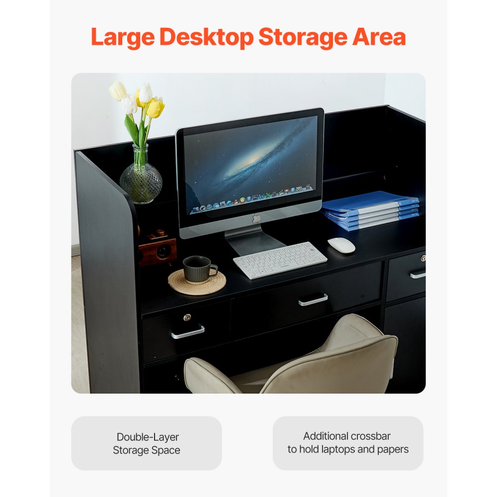 KLFD-03 - Durable Black Reception Desk with Lockable Storage, 47.24" x 18.90" x 43.31"