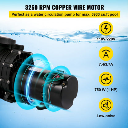 VV-SPP-7503 - 1HP Pool Pump, 5544 GPH Flow Rate, IPX5 Rated Design