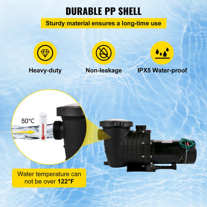 VV-SPP-7503 - 1HP Pool Pump, 5544 GPH Flow Rate, IPX5 Rated Design