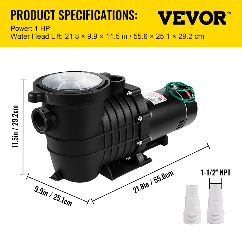 VV-SPP-7503 - 1HP Pool Pump, 5544 GPH Flow Rate, IPX5 Rated Design
