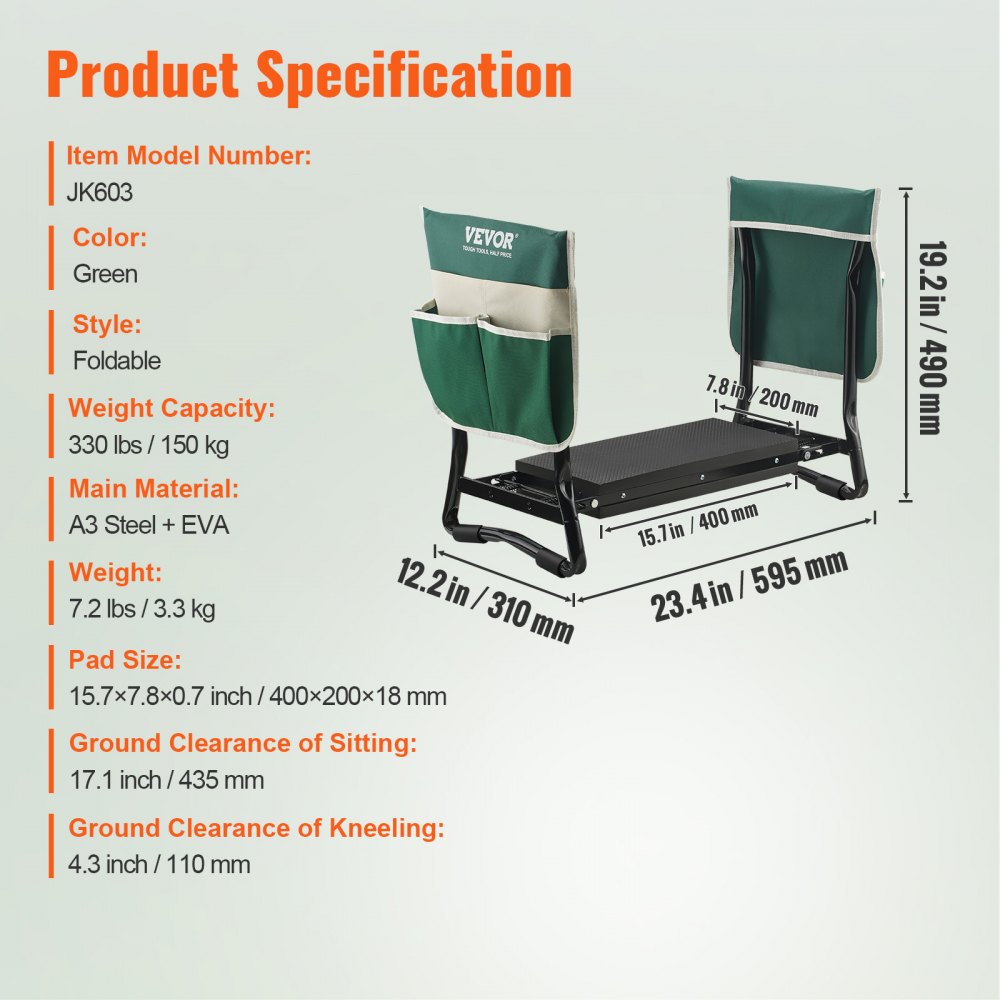 JK603 - Foldable Gardening Kneeler with 330 lbs Capacity & Tool Pouches