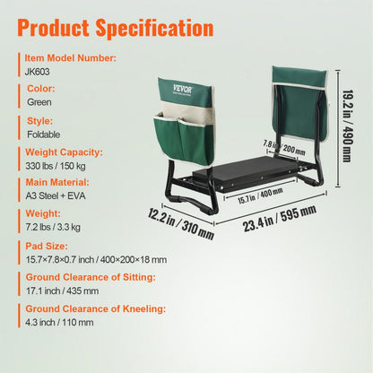 JK603 - Foldable Gardening Kneeler with 330 lbs Capacity & Tool Pouches