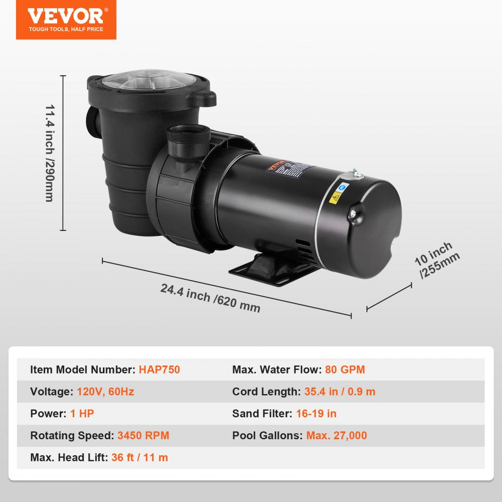 HAP750 - 1HP VEVOR Pool Pump, 80 GPM, Quiet & Durable Design