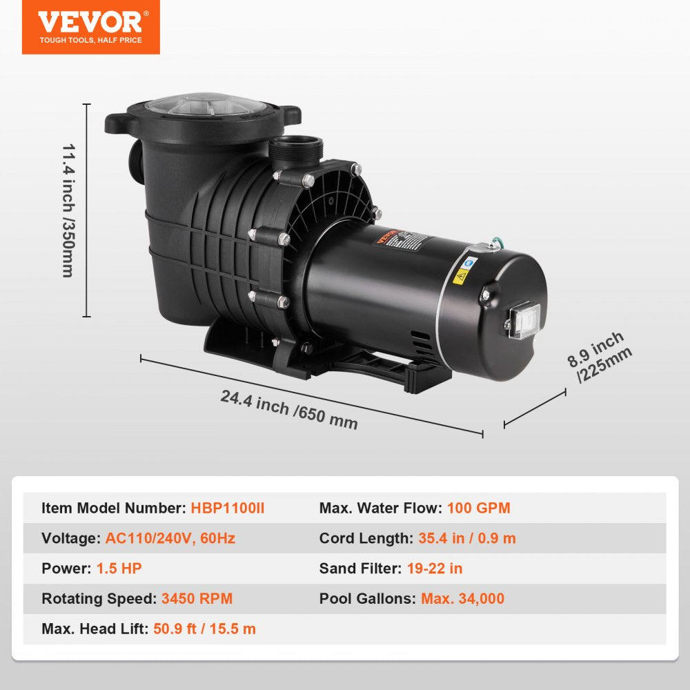 HBP1100II - 1.5 HP Above Ground Pool Pump for 34,000 Gallons