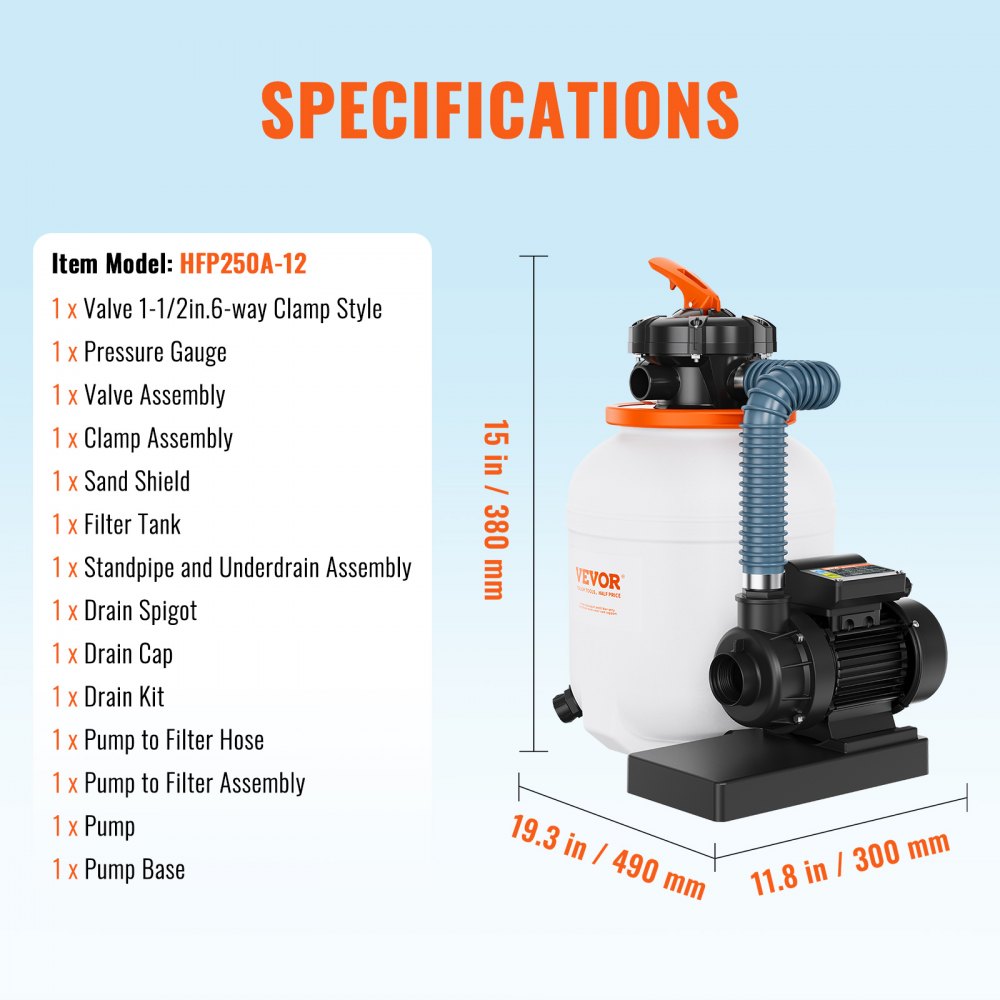 HFP250A-12 - 12-Inch VEVOR Sand Filter Pump, 0.35 HP for Pools