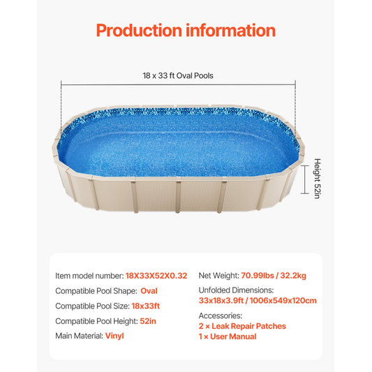 18X33X52X0.32 - Durable 18x33ft Oval Vinyl Pool Liner, 52in Wall Height