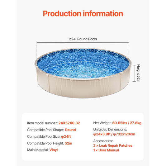 24X52X0.32 - Durable 24ft Round Vinyl Pool Liner for 52in Walls