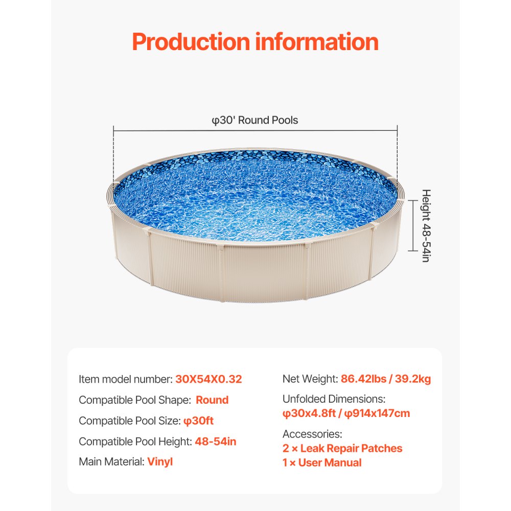30X54X0.32 - Durable 30ft Round Pool Liner for 54in Walls