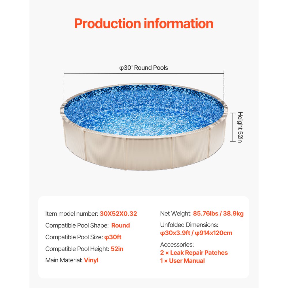 30X52X0.32 - Durable 30ft Round Pool Liner for 52in Walls