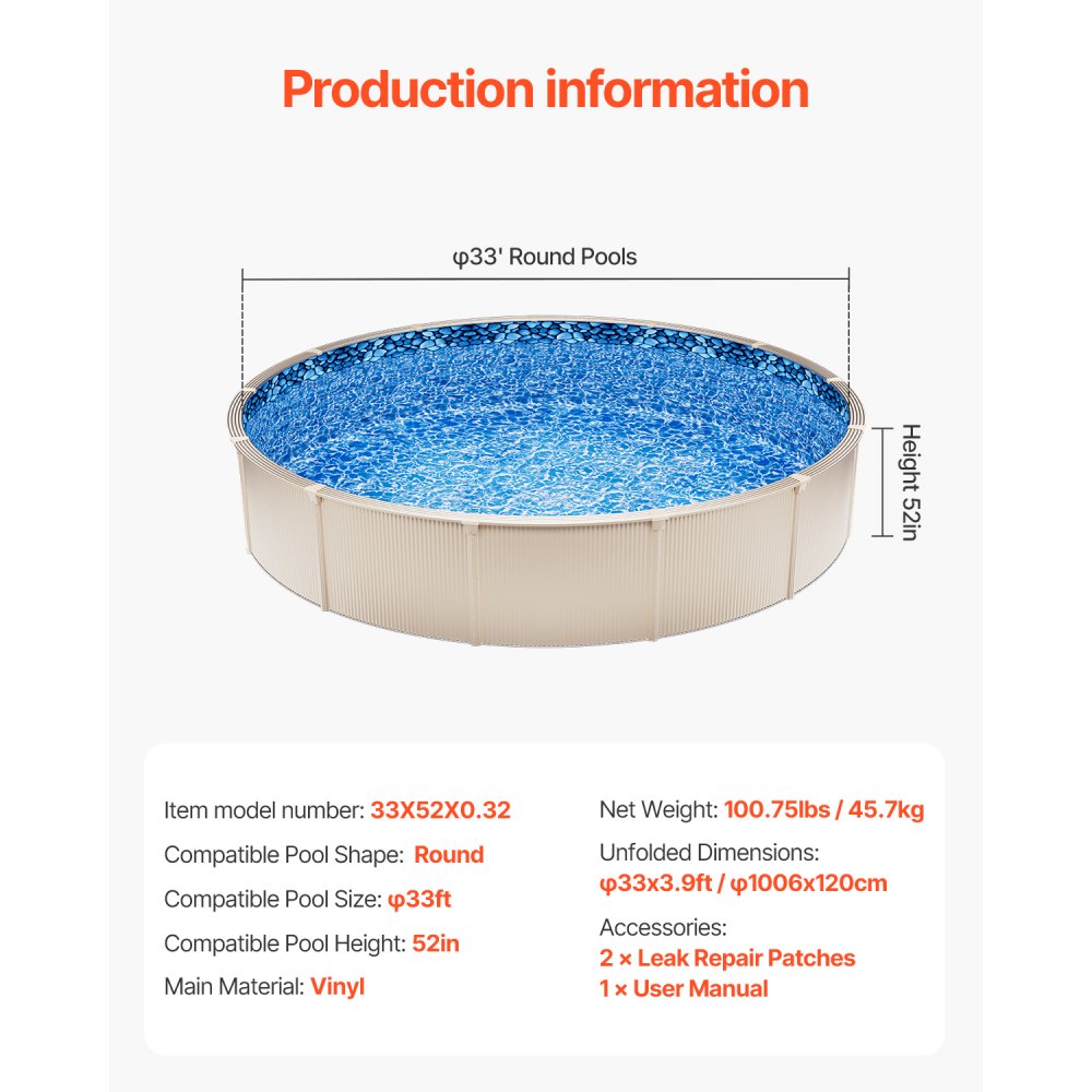33X52X0.32 - Durable 33ft Round Pool Liner with 52in Wall Height