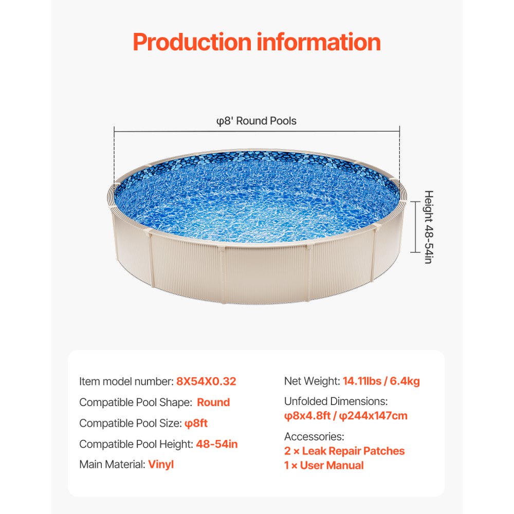 8X54X0.32 - Durable 8ft Round Pool Liner for 54in Walls