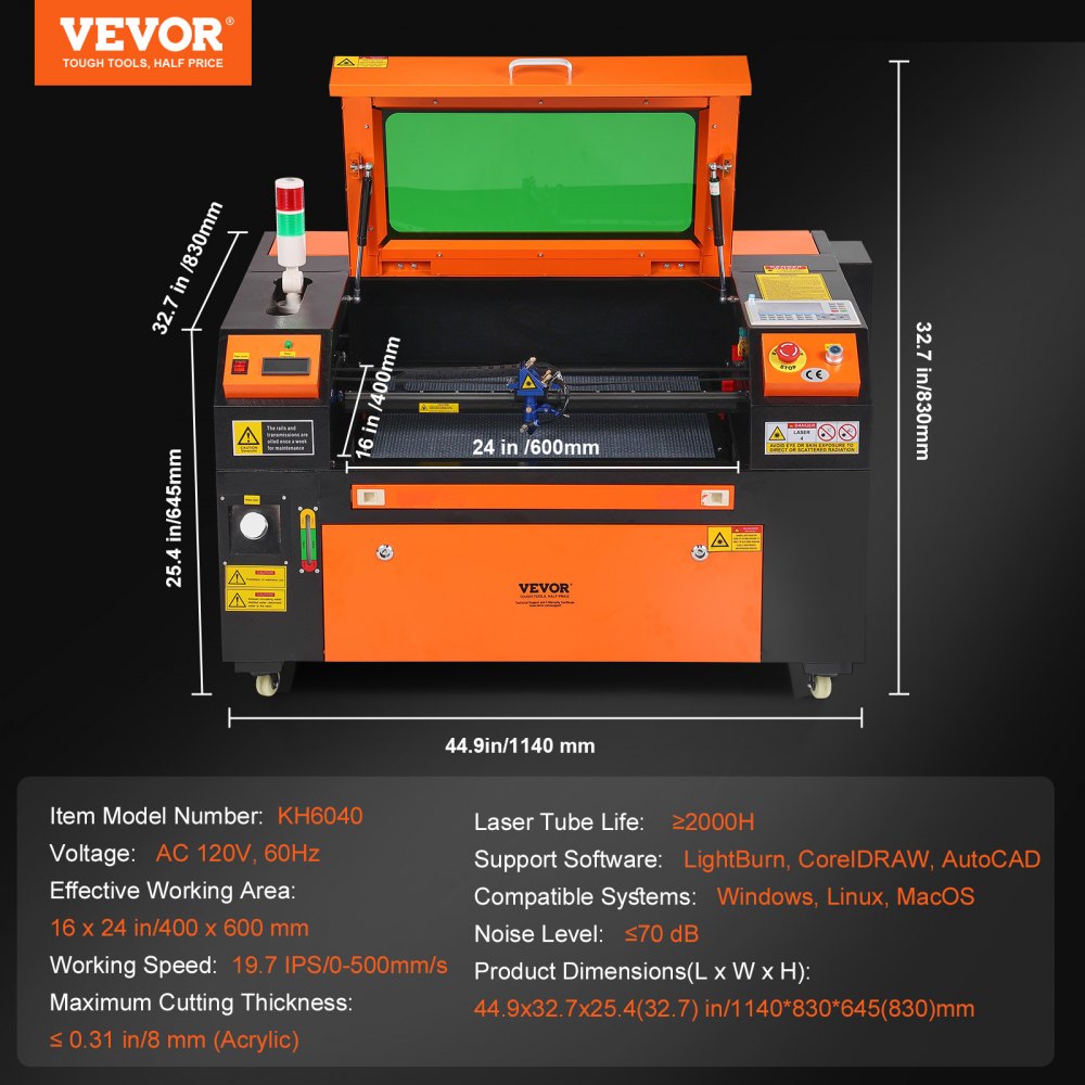KH6040 - 60W CO2 Laser Engraver, 16x24 in Work Area, Ready to Use