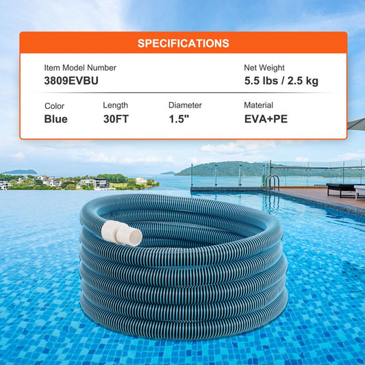 3809EVBU - 30ft 1.5" Pool Hose, High-Strength Compatible Vacuum Line