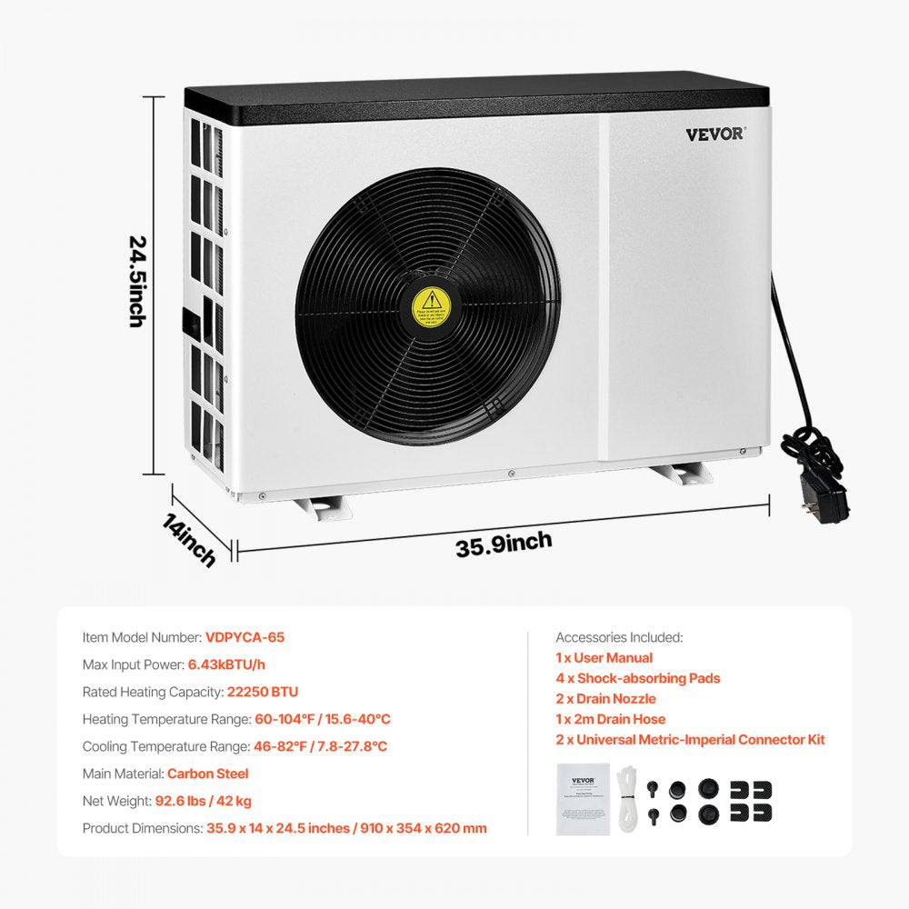 VDPYCA-65 - Efficient 22250 BTU Pool Heat Pump for Fast Heating