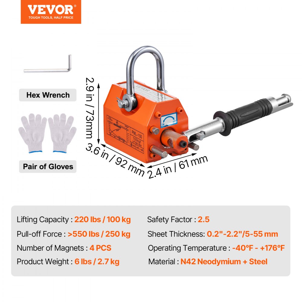 PML-100 - 220 lbs VEVOR Magnetic Lifter with Powerful Neodymium Grip