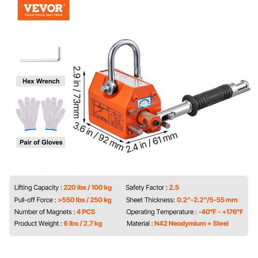 PML-100 - 220 lbs VEVOR Magnetic Lifter with Powerful Neodymium Grip