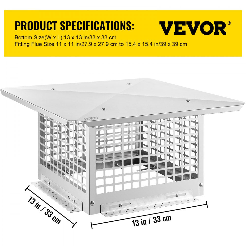 VV-YCZ-1313 - Durable 13" x 13" Stainless Steel Chimney Cap with Adjustable Fit