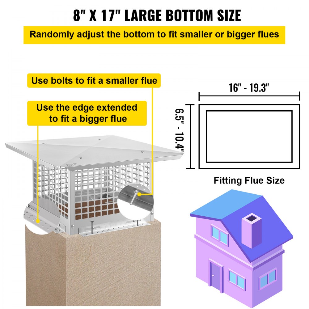 VV-YCZ-817 - 8" x 17" Stainless Steel Adjustable Chimney Cap