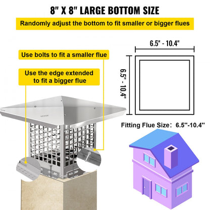 VV-YCZ-88 - 8" x 8" Adjustable Stainless Steel Chimney Cap for Outdoor Protection