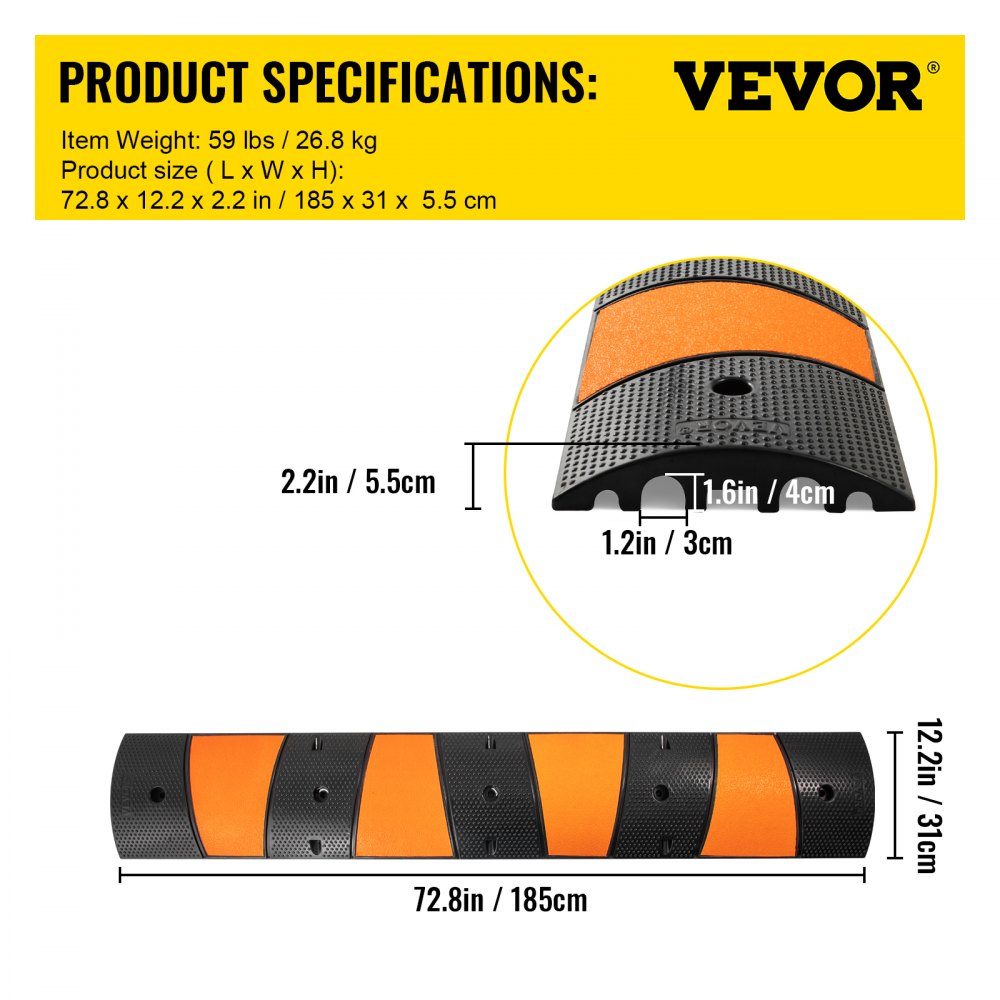 VV-GXB-JSD 72YC 2PCS - Durable 72.8" Rubber Speed Bump with Reflective Elements