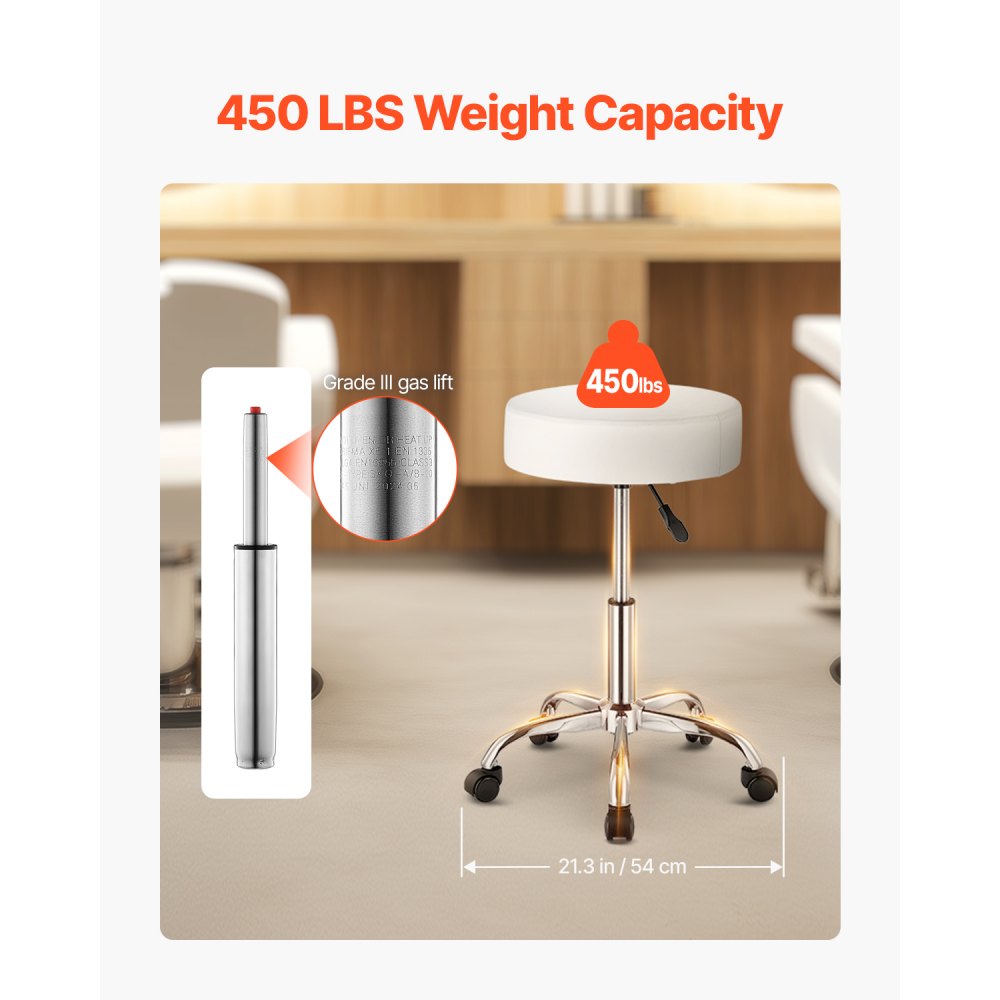 MST001-W - 15.7" Round Rolling Stool, 3.9" Cushion, 450 lbs Capacity