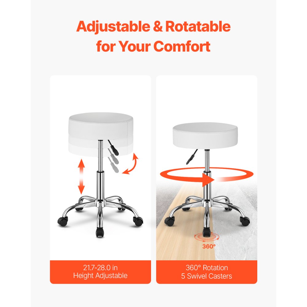 MST001-W - 15.7" Round Rolling Stool, 3.9" Cushion, 450 lbs Capacity