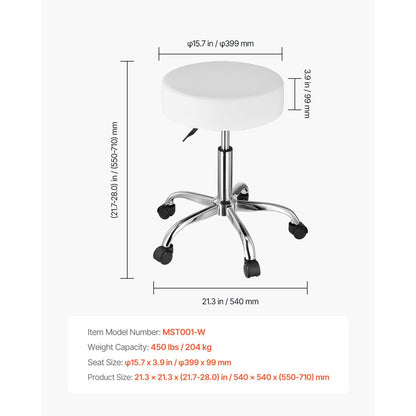 MST001-W - 15.7" Round Rolling Stool, 3.9" Cushion, 450 lbs Capacity