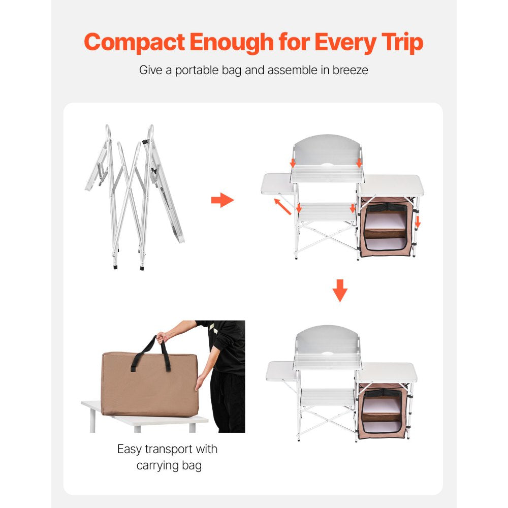 010780317841 - Portable Aluminum Camping Kitchen Table with Shelves and Carry Bag