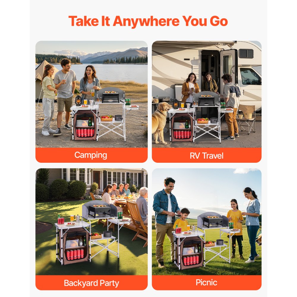 010780317841 - Portable Aluminum Camping Kitchen Table with Shelves and Carry Bag