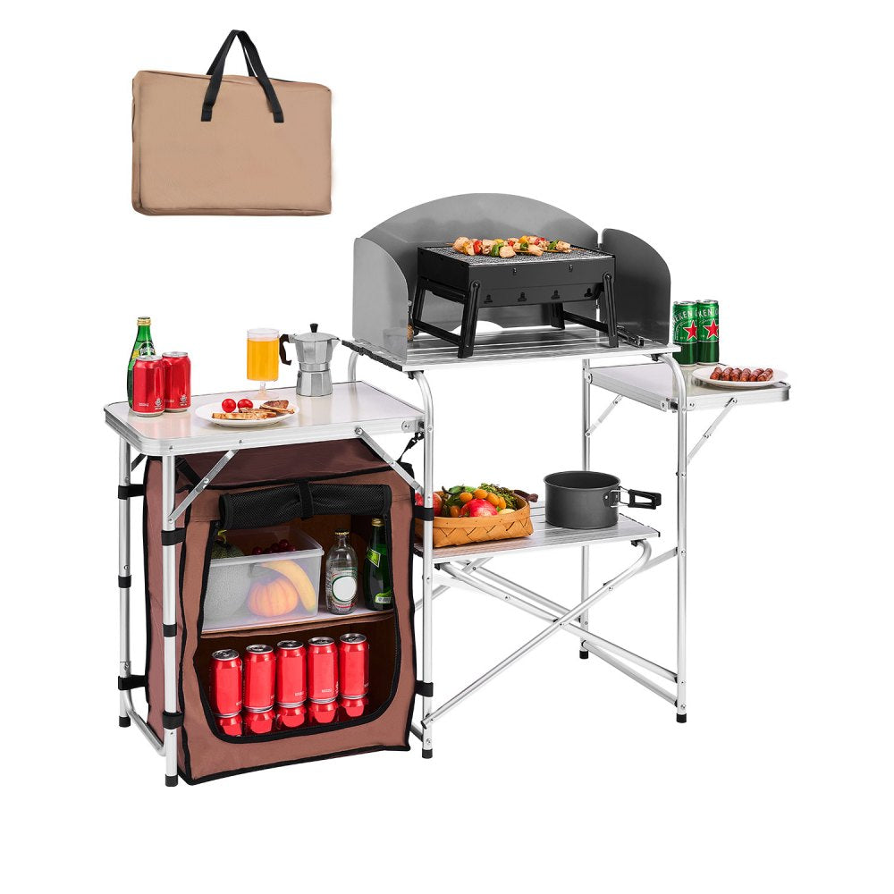 010780317841 - Portable Aluminum Camping Kitchen Table with Shelves and Carry Bag