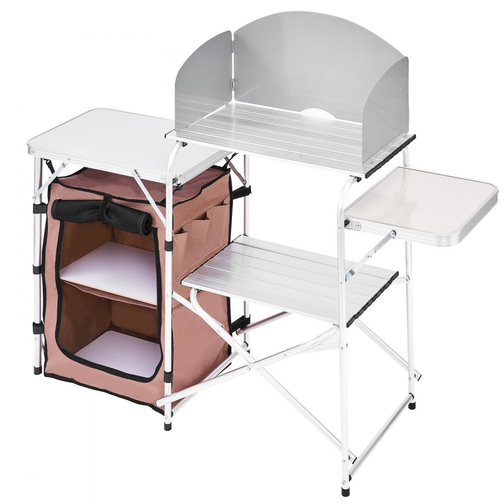 010780317841 - Portable Aluminum Camping Kitchen Table with Shelves and Carry Bag