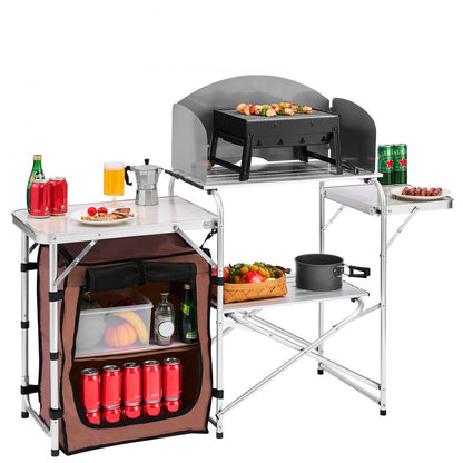 010780317841 - Portable Aluminum Camping Kitchen Table with Shelves and Carry Bag