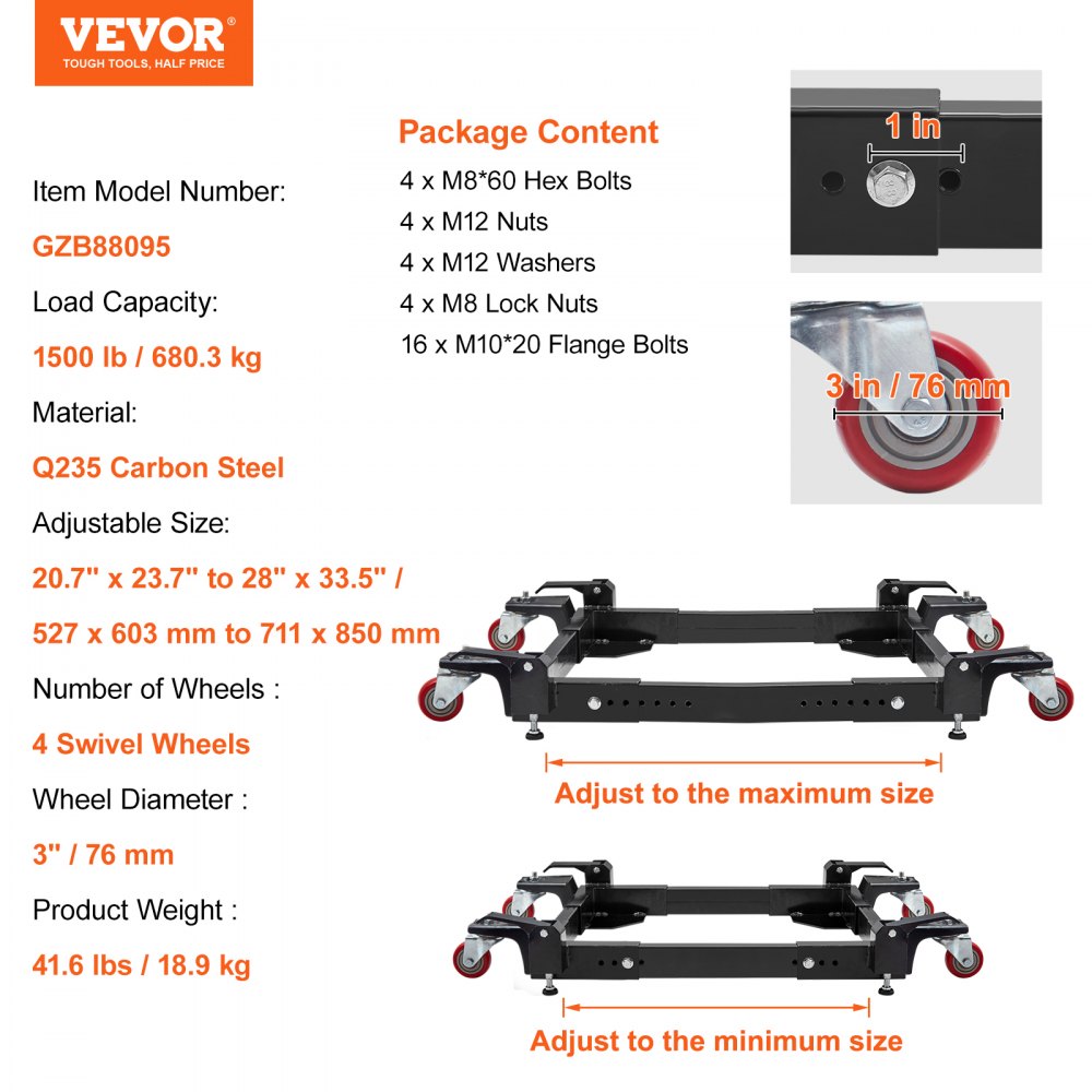 GZB88095 - 1500 lbs VEVOR Mobile Base, Adjustable 20.7" x 23.7" to 28" x 33.5"