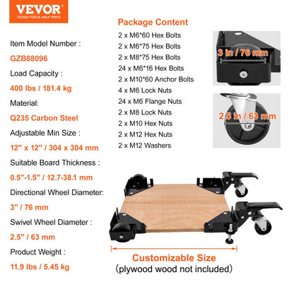 GZB88096 - Heavy-Duty Adjustable Mobile Base for Woodworking Tools, 400 lbs Capacity
