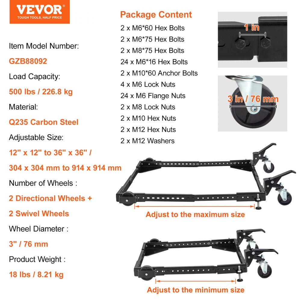 GZB88092 - Adjustable Mobile Base, 500 lbs Capacity, 12"x12" to 36"x36"