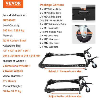 GZB88092 - Adjustable Mobile Base, 500 lbs Capacity, 12"x12" to 36"x36"