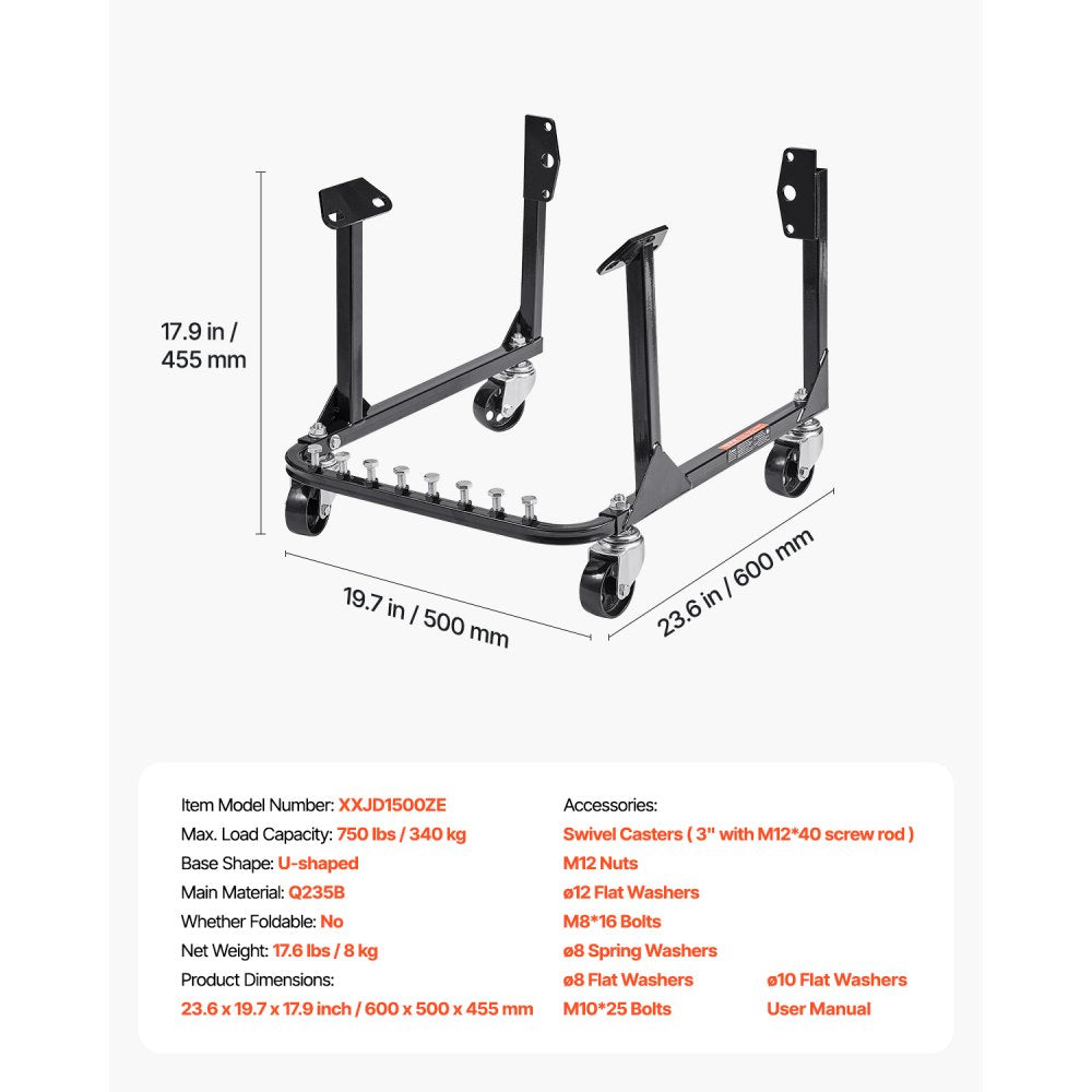 XXJD1500ZE - Heavy-Duty 750 lbs Engine Stand with 4 Casters & Adjustable Hooks