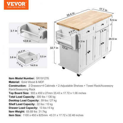 SR191276 - Elegant 35.4" VEVOR Kitchen Island Cart with Solid Wood Top