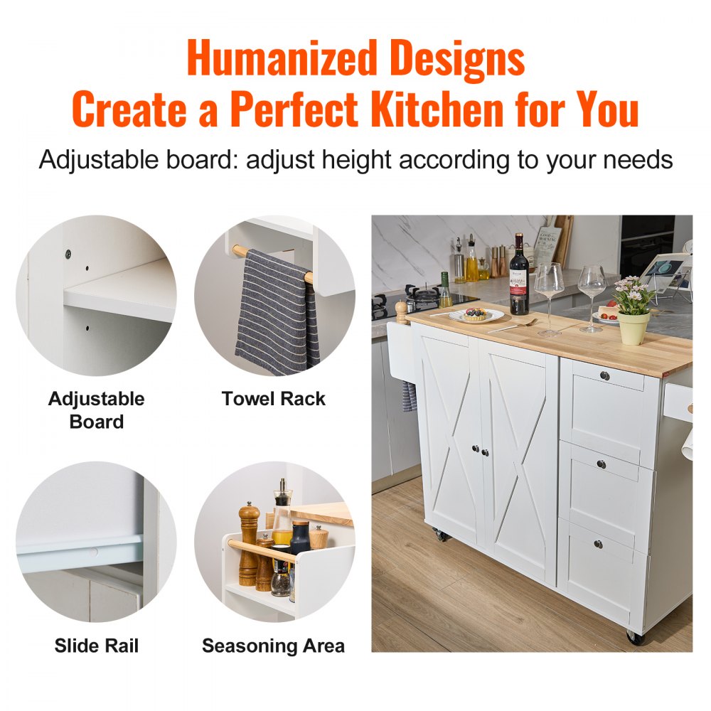 SR221265 - VEVOR Solid Wood Kitchen Island Cart with Drop Leaf & Storage