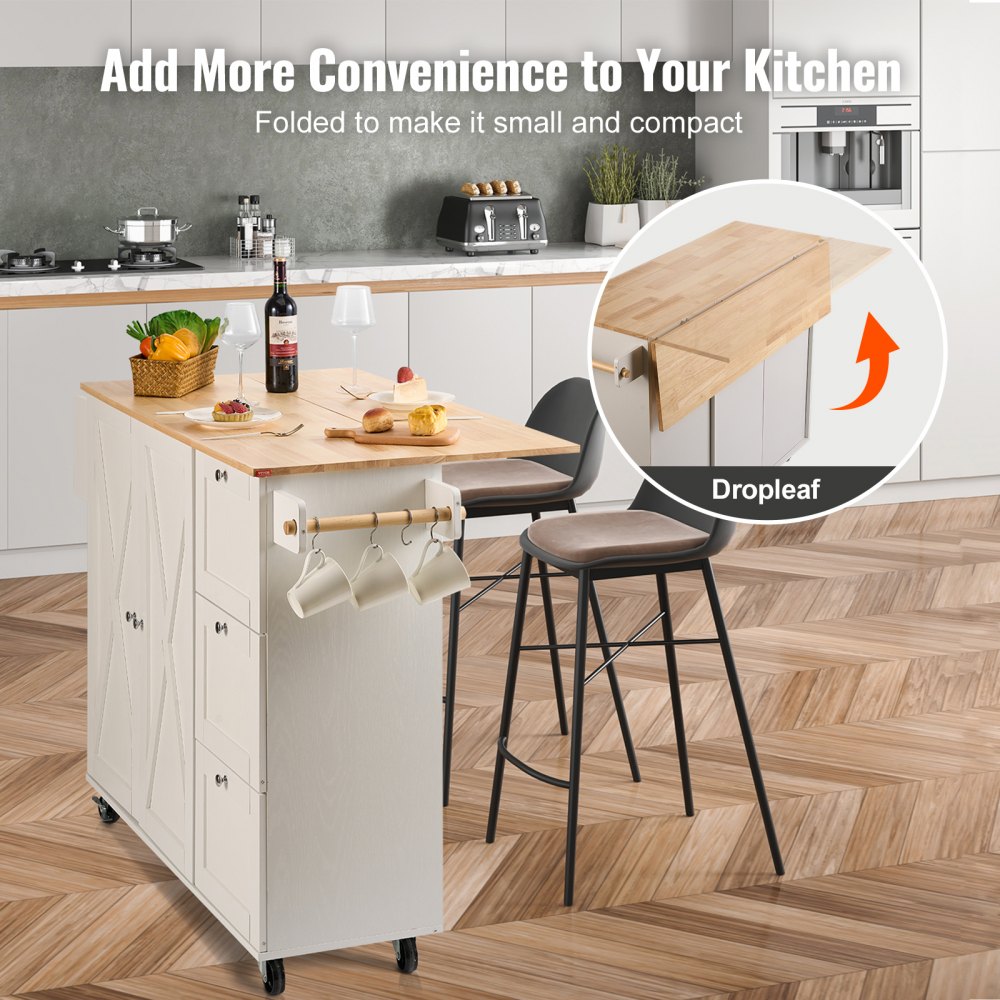 SR221265 - VEVOR Solid Wood Kitchen Island Cart with Drop Leaf & Storage