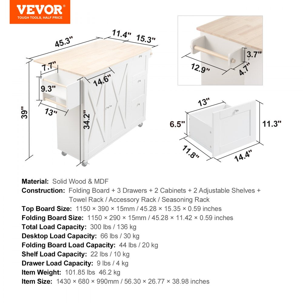 SR221265 - VEVOR Solid Wood Kitchen Island Cart with Drop Leaf & Storage