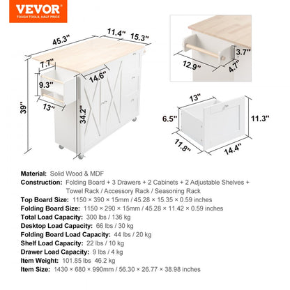 SR221265 - VEVOR Solid Wood Kitchen Island Cart with Drop Leaf & Storage