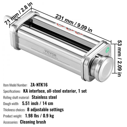 ZA-NTK92 - Versatile Stainless Steel Pasta Roller for KitchenAid Mixer