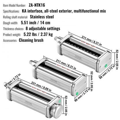 ZA-NTK16 - Stainless Steel Pasta Roller with 8 Settings for KitchenAid Mixers